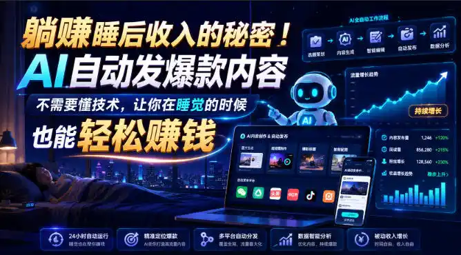躺賺睡后收入的秘密！AI自动发爆款内容，不需要懂技术，让你在睡觉的时候也能轻松賺钱【原创双语字幕】-百盟网