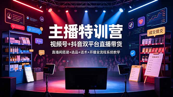 主播特训营：视频号+抖音双平台直播带货，直播间搭建+选品+话术+开播全流程系统教学-百盟网