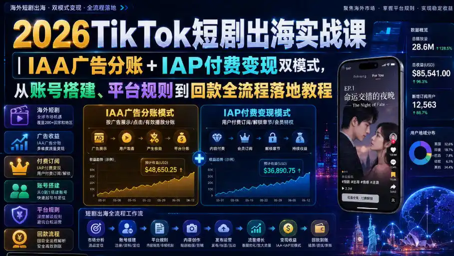 2026TikTok短剧出海实战课|IAA广告分账+IAP付费变现双模式,从账号搭建、平台规则到回款全流程落地教程-百盟网