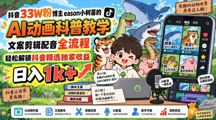 抖音33W粉博主eason小树苗的AI动画科普教学,文案剪辑配音全流程,轻松解锁抖音精选独家收益,日入1k+ 抖音33W粉博主eason小树苗的AI动画科普教学,文案剪辑配音全流程,轻松解锁抖音精选独家收益,日入1k+