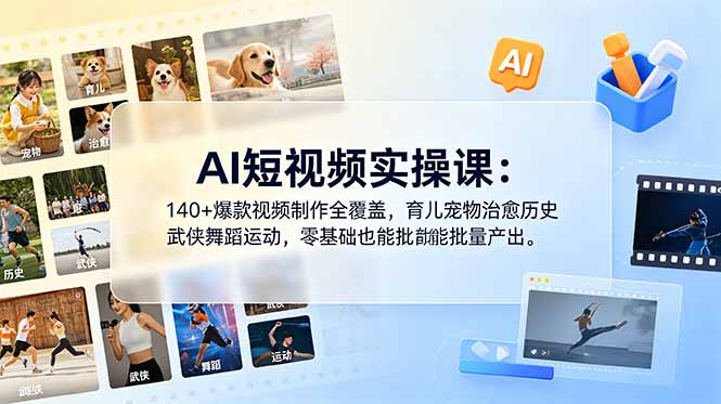 AI短视频实操课:140+爆款视频制作全覆盖,育儿宠物治愈历史武侠舞蹈运动,零基础也能批量产出-百盟网