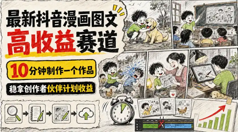 最新抖音漫画图文高收益赛道，10分钟制作一个作品，稳拿创作者伙伴计划收益-百盟网