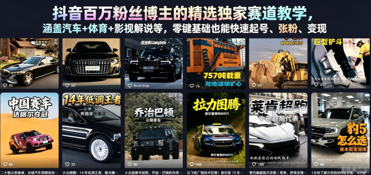 抖音百万粉丝博主的精选独家赛道教学,涵盖汽车+体育+影视解说等,零基础也能快速起号、涨粉、变现-百盟网