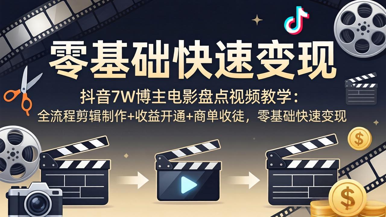 抖音7W博主电影盘点视频教学:全流程剪辑制作+收益开通+商单收徒,零基础快速变现-百盟网