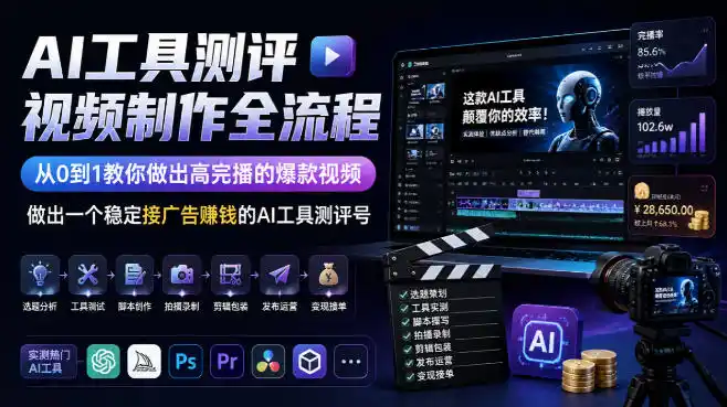 AI工具测评视频制作全流程，从0到1教你做出高完播的爆款视频，做出一个稳定接广告賺钱的AI工具测评号-百盟网