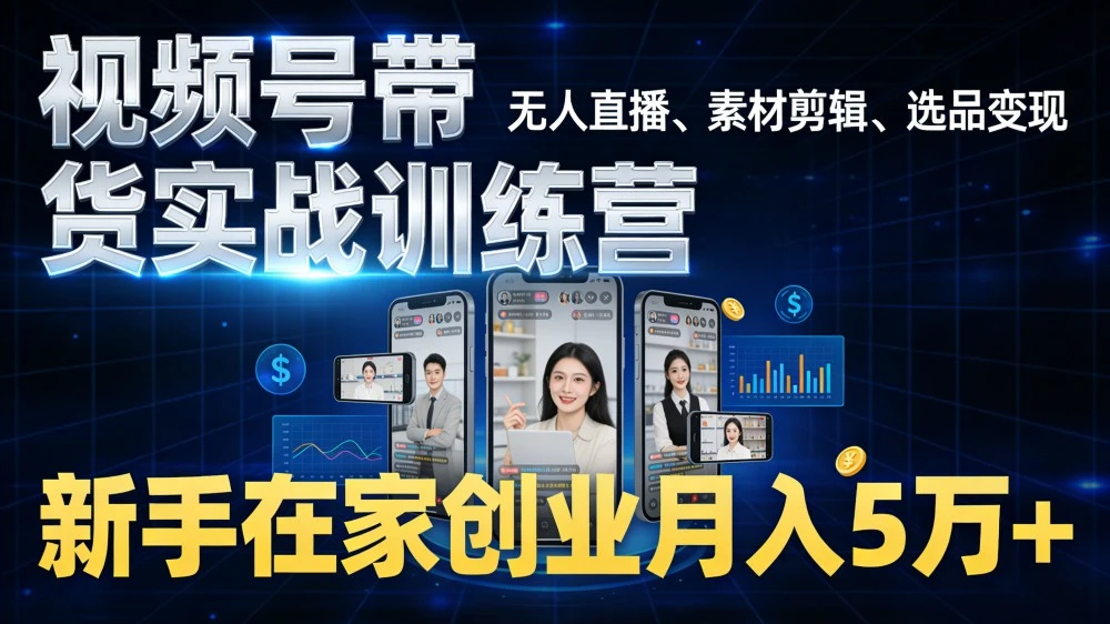 视频号带货实战训练营，无人直播、素材剪辑、选品变现，新手在家创业月入 5 万+-百盟网