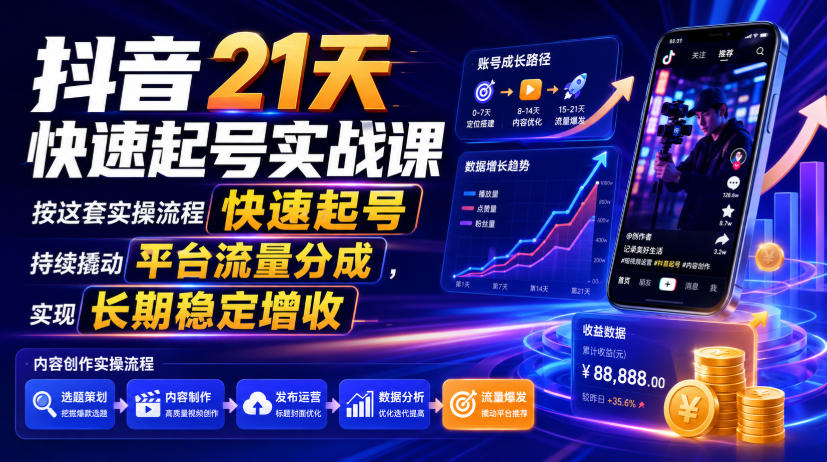 抖音21天快速起号实战课，按这套实操流程快速起号，持续撬动平台流量分成，实现长期稳定增收-百盟网