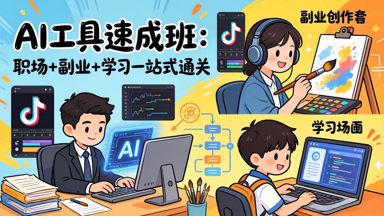 AI工具速成班:职场+副业+学习一站式通关,20+爆款类型+剪映技巧+抖音算法,0基础快速上手-百盟网