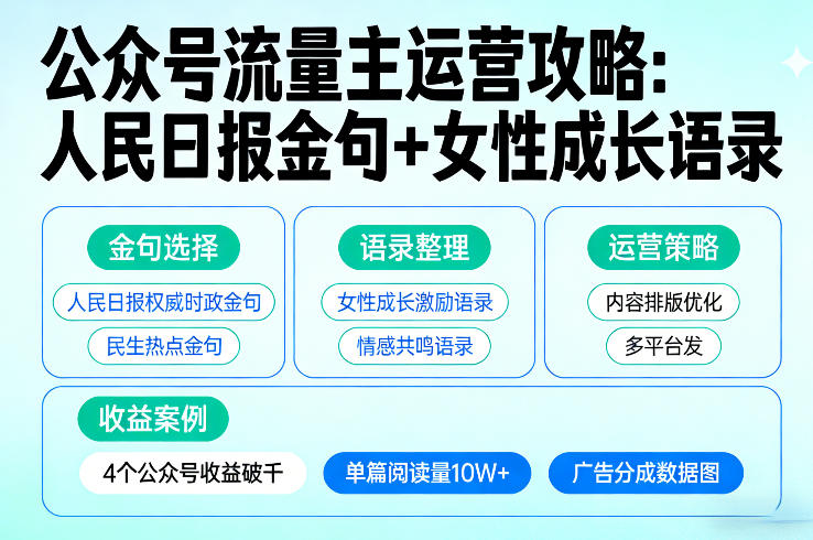 利用人民日报金句+女性成长语录做公众号流量主，4个公众号收益破千-百盟网