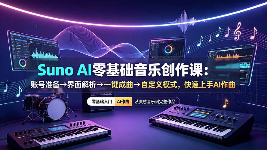 Suno AI零基础音乐创作课:账号准备→界面解析→一键成曲→自定义模式,快速上手AI作曲-百盟网