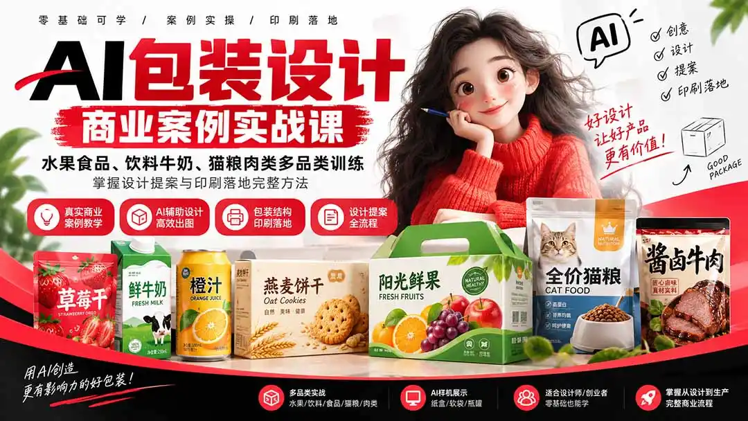 AI包装设计商业案例实战课：水果食品、饮料牛奶、猫粮肉类多品类训练，掌握设计提案与印刷落地完整方法-百盟网
