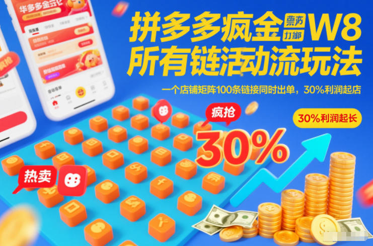 拼多多疯狂活动流玩法，所有链接全部打标，一个店铺矩阵100条链接同时出单，30%利润起店-百盟网