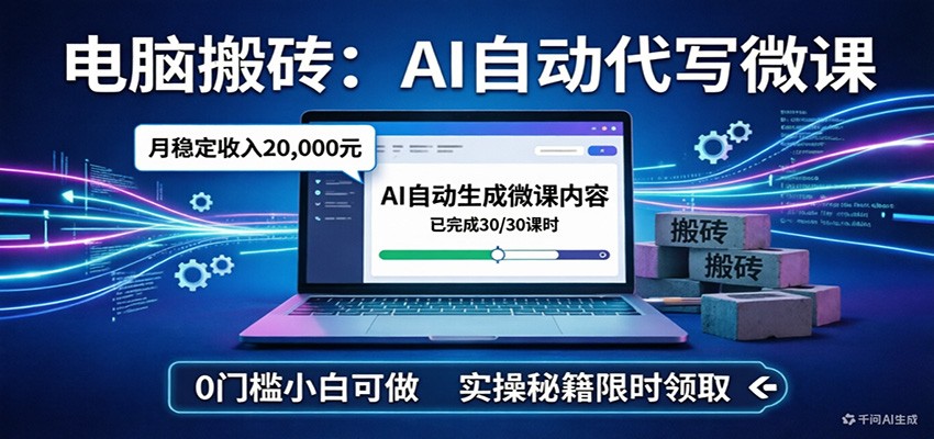 电脑搬砖AI自动代写微课,月稳定2W,0门槛小白可做,实操秘籍-百盟网