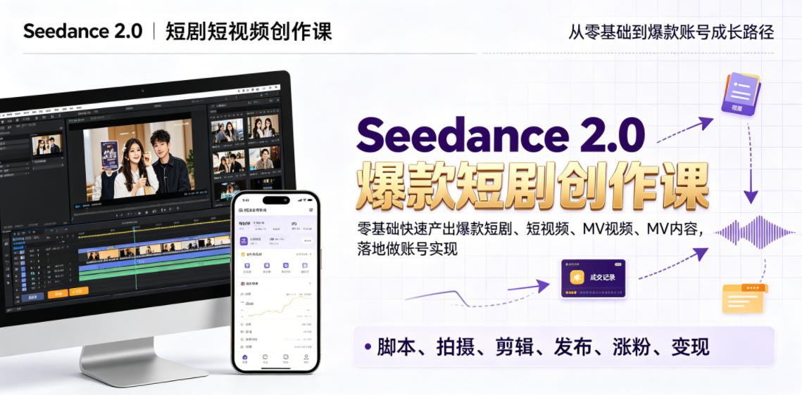 Seedance 2.0短剧短视频创作课，零基础快速产出爆款短剧、短视频、MV内容，落地做账号实现变现-百盟网