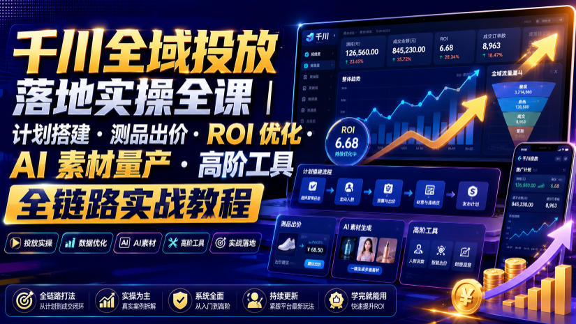 千川全域投放落地实操全课｜计划搭建・测品出价・ROI优化・AI素材量产・高阶工具全链路实战教程-百盟网