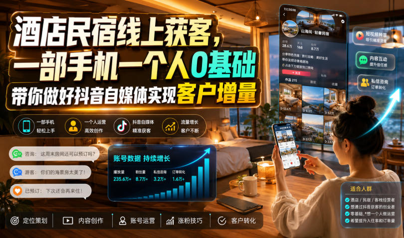 酒店民宿线上获客，一部手机一个人0基础带你做好抖音自媒体实现客户增量-百盟网