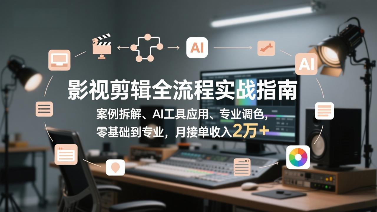 影视剪辑全流程实战指南，案例拆解、AI工具应用、专业调色，零基础到专业，月接单收入2万+-百盟网