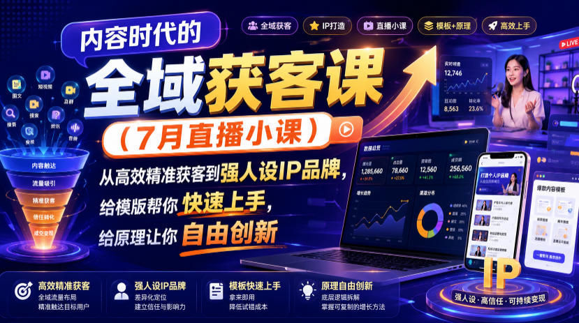内容时代的全域获客课(7月直播小课)，从高效精准获客到强人设IP品牌，给模版帮你快速上手，给原理让你自由创新-百盟网