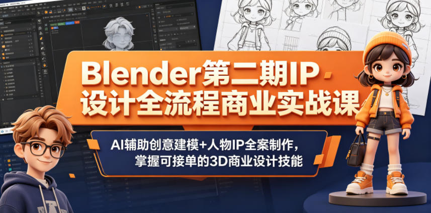 Blender第二期IP设计全流程商业实战课，AI辅助创意建模+人物IP全案制作，掌握可接单的3D商业设计技能-百盟网