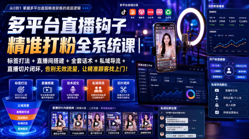 多平台直播钩子精准打粉全系统课｜标签打法+直播间搭建+全套话术+私域导流+直播切片闭环，告别无效流量，让精准顾客找上门！-百盟网