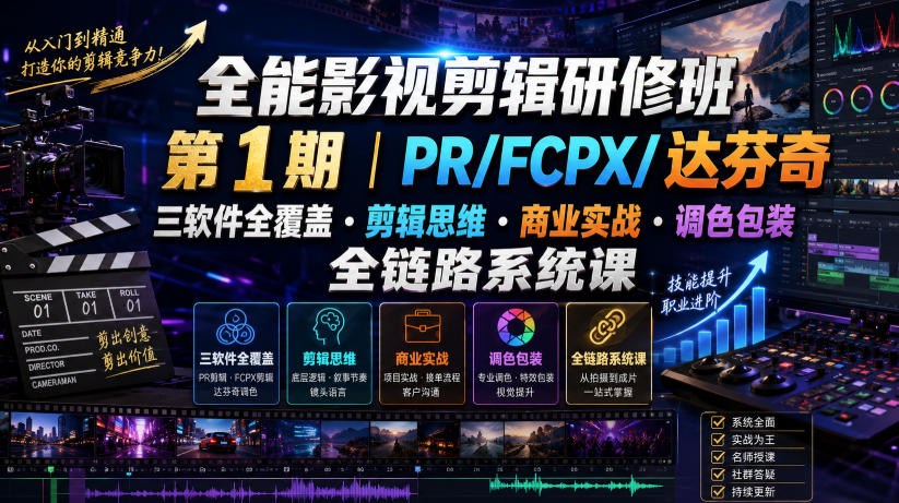 全能影视剪辑研修班第1期｜PR/FCPX/达芬奇三软件全覆盖・剪辑思维・商业实战・调色包装全链路系统课-百盟网