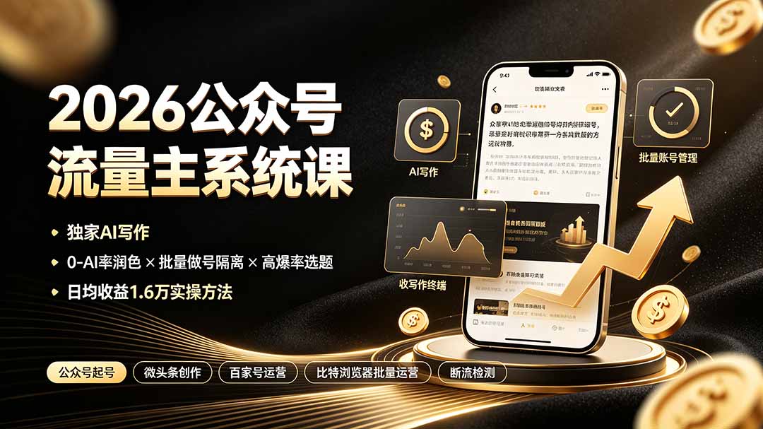 2026公众号流量主系统课：独家AI写作×0-AI率润色×批量做号隔离×高爆率选题，日均收益1.6万实操方法-百盟网