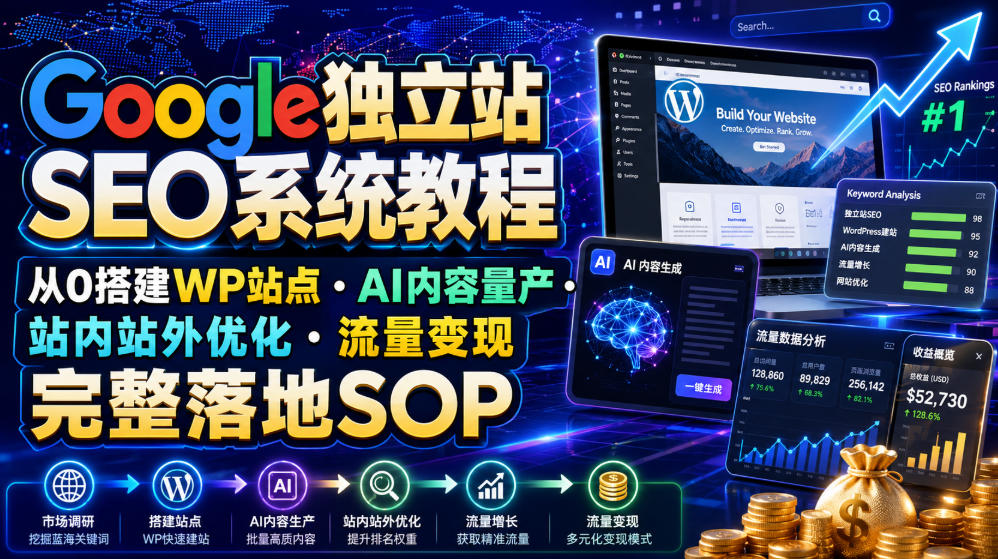 Google独立站SEO系统教程,从0搭建WP站点・AI内容量产・站内站外优化・流量变现完整落地SOP(2026年7月)-百盟网
