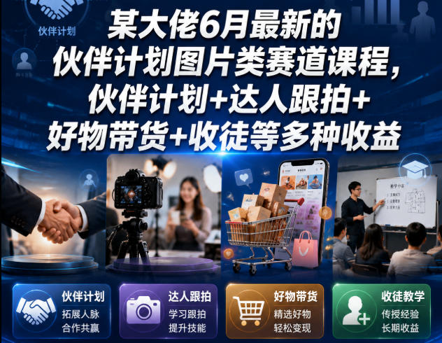 某大佬6月最新的伙伴计划图片类赛道课程，伙伴计划+达人跟拍+好物带货+收徒等多种收益-百盟网