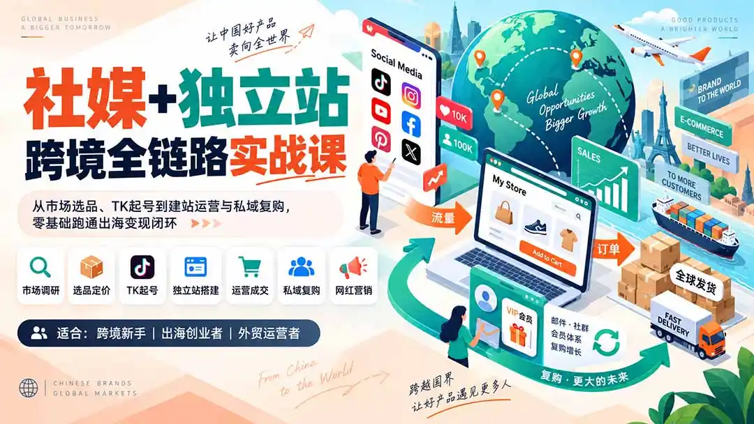社媒+独立站跨境全链路实战课：从市场选品、TK起号到建站运营与私域复购，零基础跑通出海变现闭环-百盟网