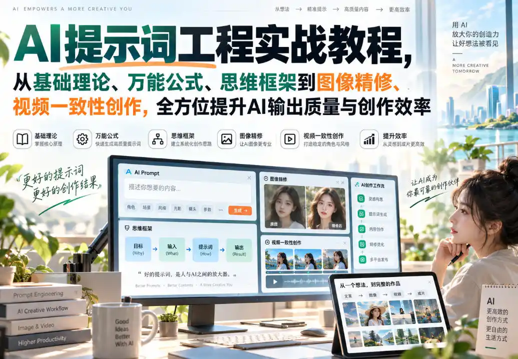 AI提示词工程实战教程，从基础理论、万能公式、思维框架到图像精修、视频一致性创作，全方位提升AI输出质量与创作效率-百盟网