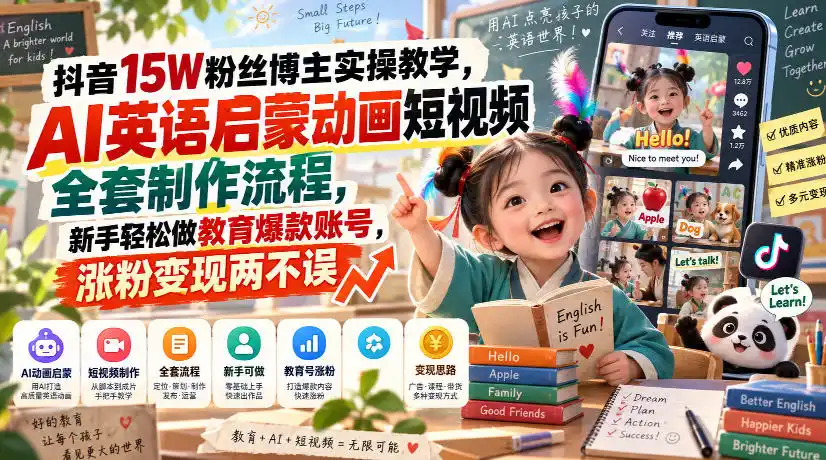 抖音15W粉丝博主实操教学，AI英语启蒙动画短视频全套制作流程，新手轻松做教育爆款账号，涨粉变现两不误-百盟网