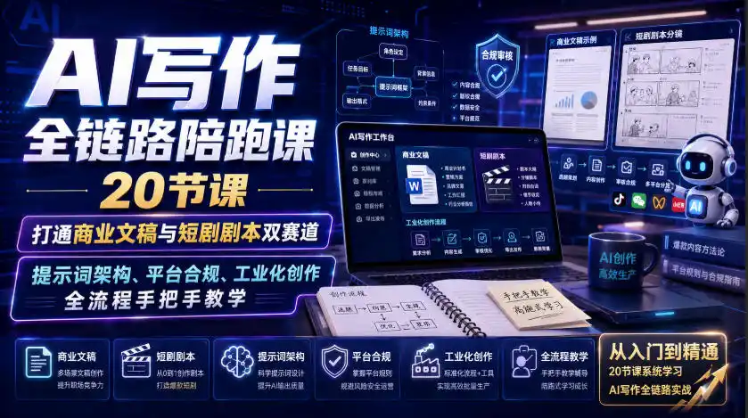 AI写作全链路陪跑课|20节课打通商业文稿与短剧剧本双赛道,提示词架构、平台合规、工业化创作全流程手把手教学-百盟网