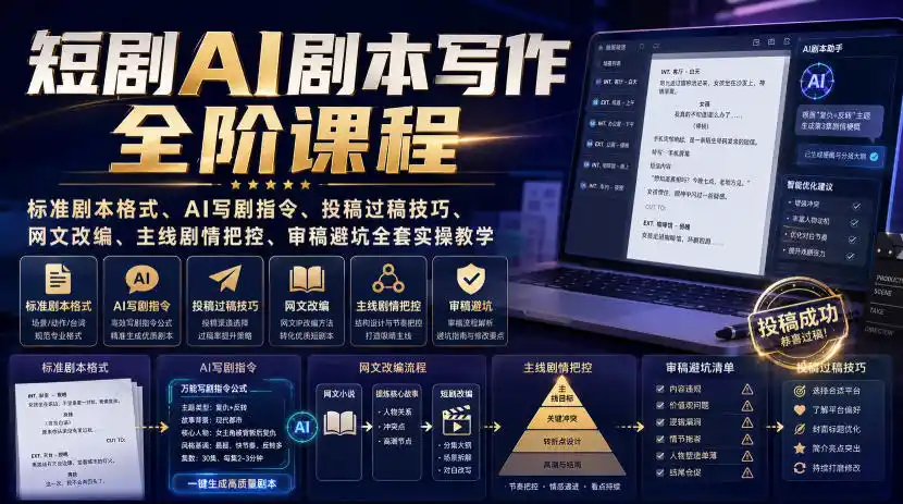 短剧AI剧本写作全阶课程｜标准剧本格式、AI写剧指令、投稿过稿技巧、网文改编、主线剧情把控、审稿避坑全套实操教学-百盟网
