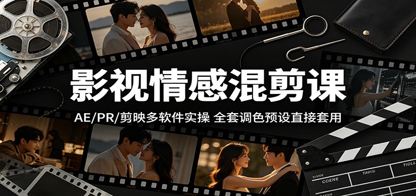 影视情感混剪课：AE/PR/剪映多软件实操，全套调色预设直接套用-百盟网