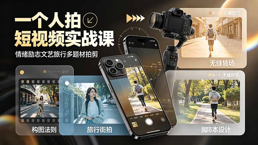 一个人拍短视频实战课:情绪励志文艺旅行多题材×五大景别×黄金构图×八大运镜,从拍摄到成片高效创作-百盟网