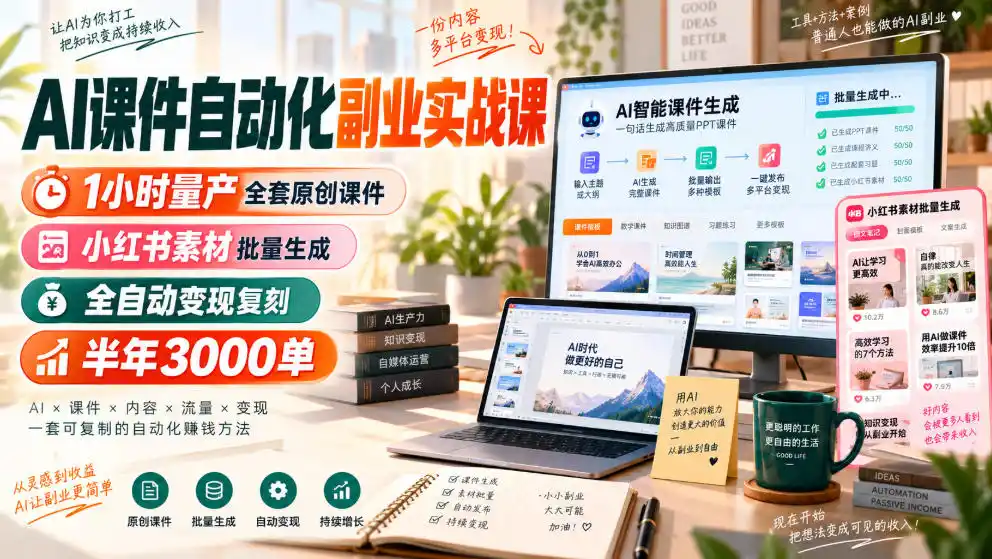 AI课件自动化副业实战课,1小时量产全套原创课件,小红书素材批量生成,全自动变现复刻,半年3000单 AI课件自动化副业实战课,1小时量产全套原创课件,小红书素材批量生成,全自动变现复刻,半年3000单