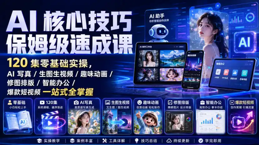 AI核心技巧保姆级速成课|120集零基础实操,AI写真/生图生视频/趣味动画/修图排版/智能办公/爆款短视频一站式全掌握-百盟网