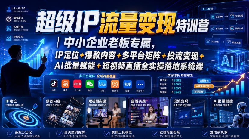 超级IP流量变现特训营|中小企业老板专属,IP定位+爆款内容+多平台矩阵+投流变现+AI批量赋能+短视频直播全实操落地系统课-百盟网