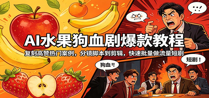 AI水果狗血剧爆款教程:复刻高赞热门案例,分镜脚本到剪辑,快速批量做流量短剧-百盟网