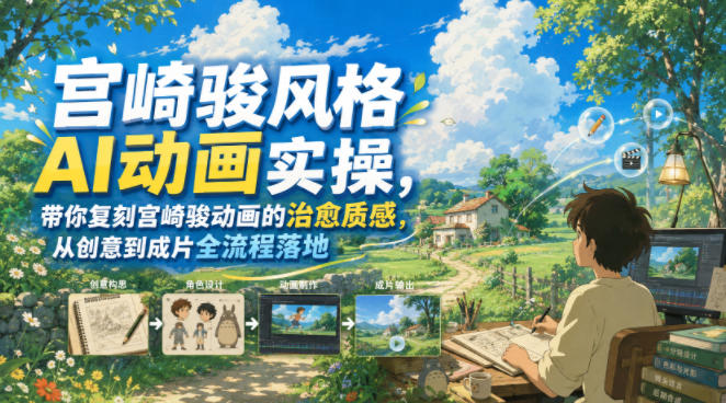 宫崎骏风格AI动画实操，带你复刻宫崎骏动画的治愈质感，从创意到成片全流程落地-百盟网