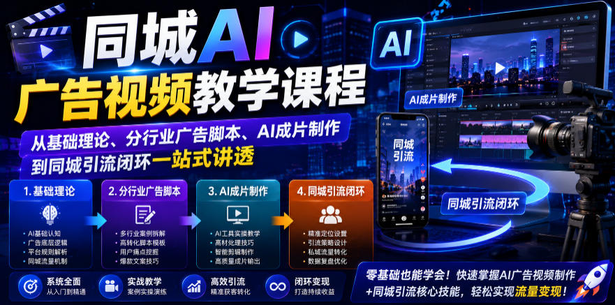 同城AI广告视频教学课程,从基础理论、分行业广告脚本、AI成片制作到同城引流闭环一站式讲透-百盟网