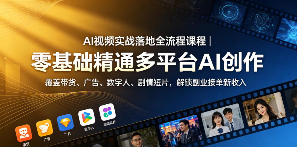 AI视频实战落地全流程课程|零基础精通多平台AI创作,覆盖带货、广告、数字人、剧情短片,解锁副业接单新收入-百盟网