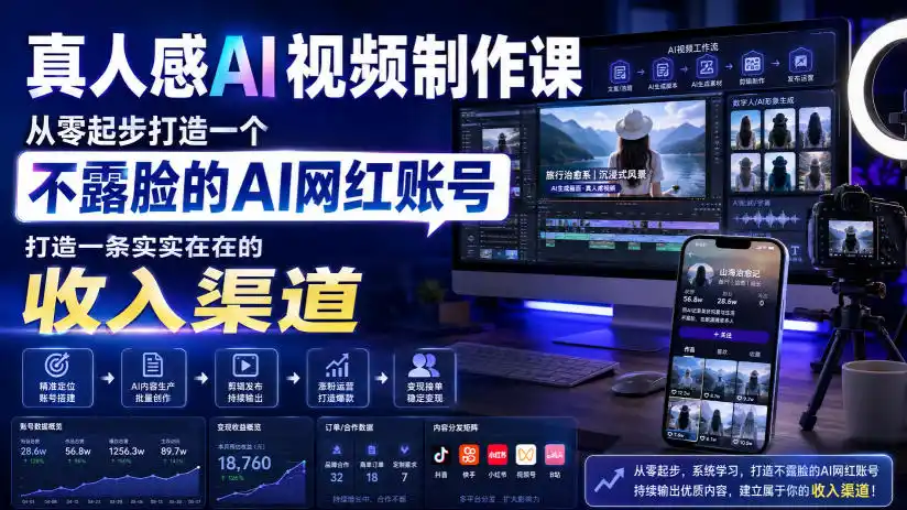 真人感AI视频制作课，从零起步打造一个不露脸的AI网红账号，打造一条实实在在的收入渠道【原创双语字幕】-百盟网