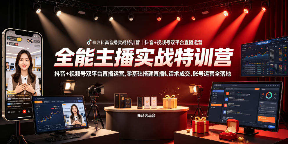 全能主播实战特训营|抖音+视频号双平台直播运营,零基础搭建直播间、精准选品、话术成交、账号运营全落地-百盟网