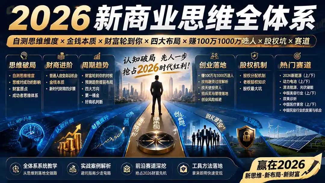 2026新商业思维全体系:自测思维维度×金钱本质×财富轮到你×四大布局×赚100万1000万选人×股权坑×赛道-百盟网