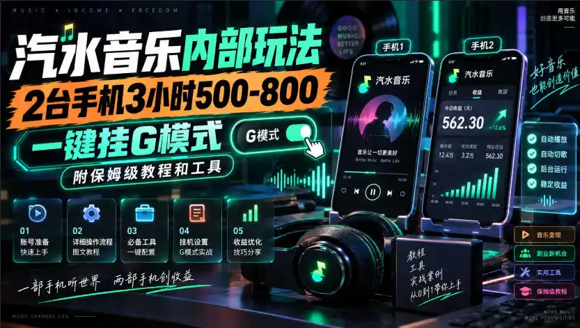 汽水音乐内部玩法，2台手机3小时500-800，一键挂G模式，附保姆级教程和工具【揭秘】-百盟网