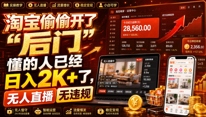 淘宝偷偷开了“后门”，懂的人已经日入2K+了，无人直播无违规，一台电脑=一家24小时营业的线上门店【揭秘】-百盟网