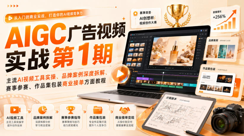 AIGC广告视频实战第1期，主流AI视频工具实操、品牌案例深度拆解、赛事参赛、作品集包装商业接单方面教程-百盟网