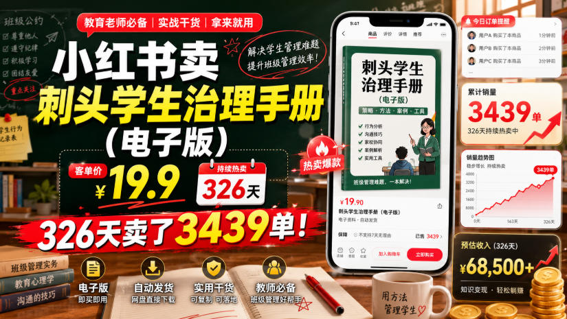 小红书卖刺头学生治理手册(电子版)，客单价19.9，326天卖了3439单！-百盟网