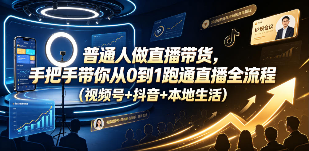 普通人做直播带货，手把手带你从0到1跑通直播全流程(视频号+抖音+本地生活)-百盟网